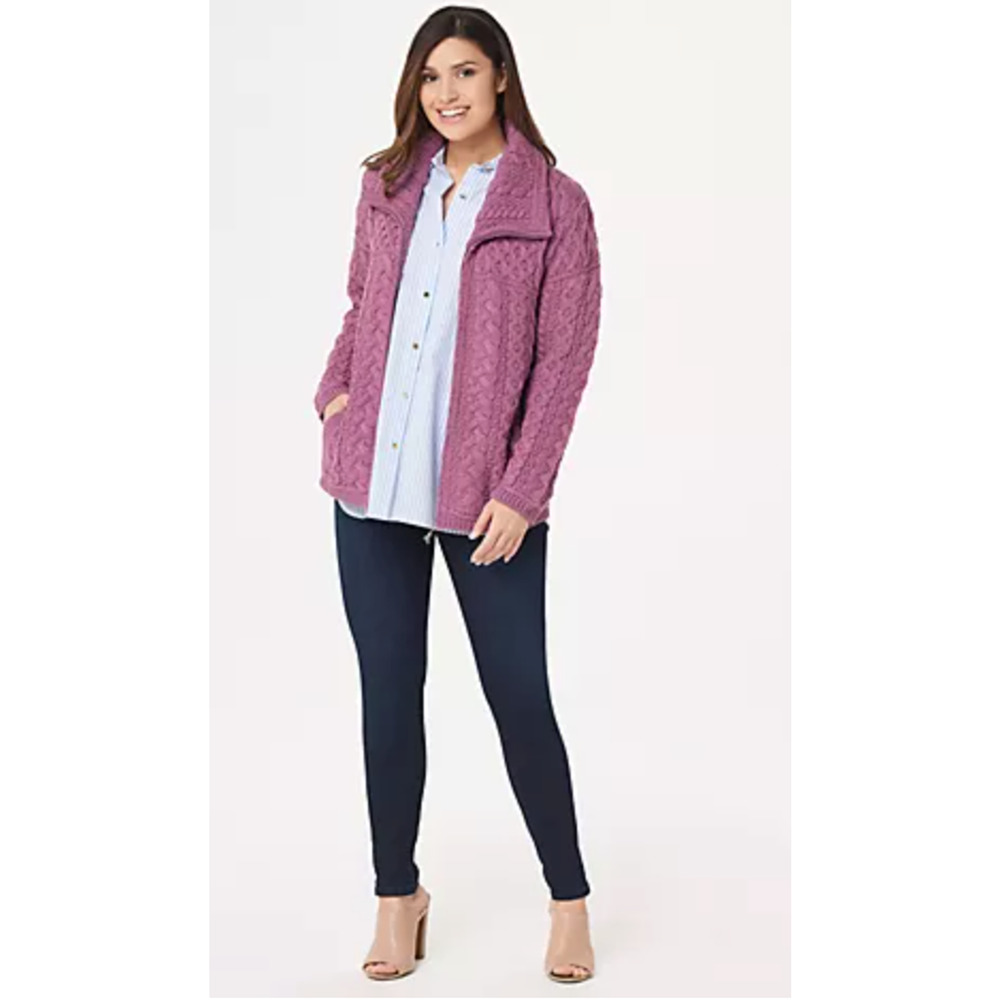 NEW ARAN CRAFTS PLUM MERINO WOOL ZIP FRONT CABLE KNIT CARDIGAN SWEATER COAT XXL - Picture 10 of 16